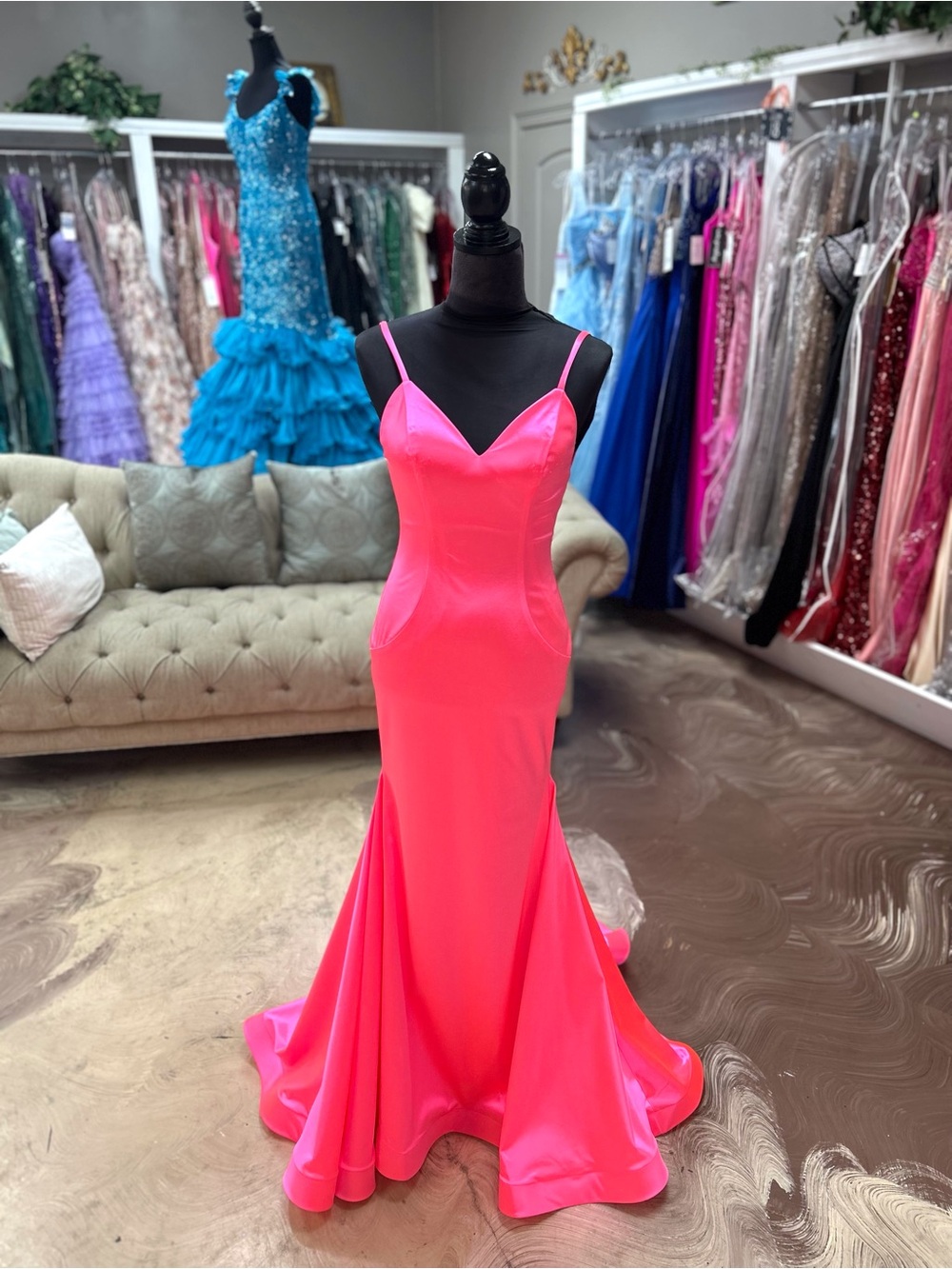 Hot Pink Spaghetti Strap Mermaid Prom Dress